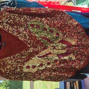 Red and Gold Women's Sequined Top with Cap Sleeves, L